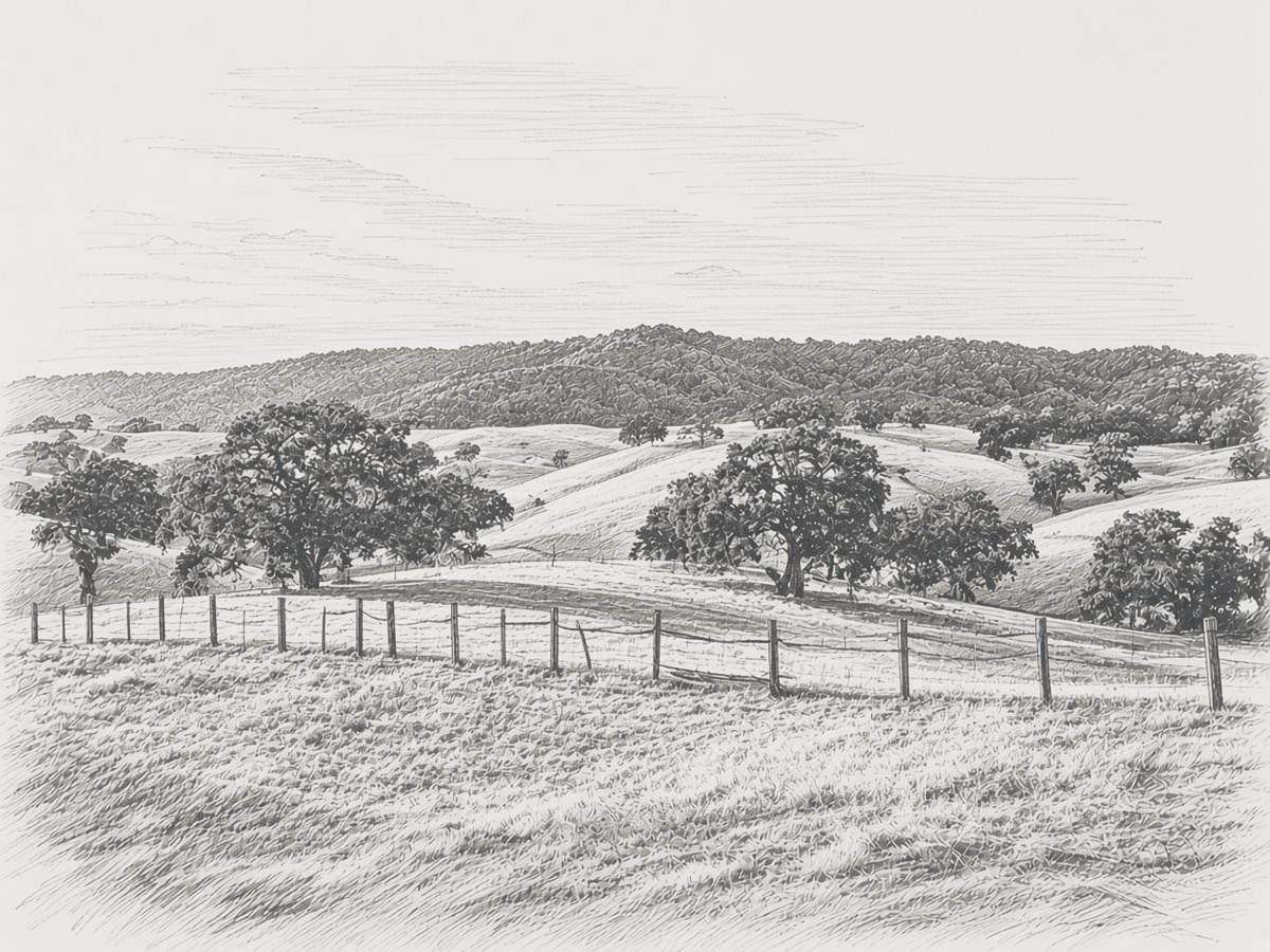 Oak grassland with an old fence line, ink drawing